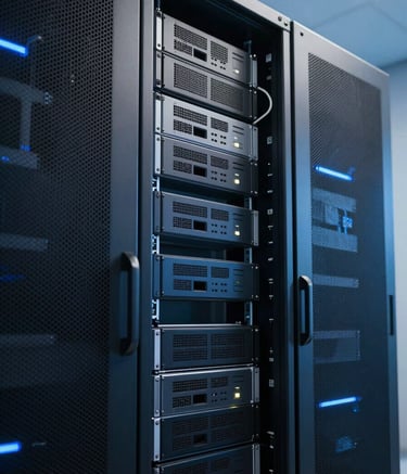 A sleek, high-tech server room environment in a North American / US facility. Subtle sky blue and midnight blue lighting highlights the metallic textures of the equipment, suggesting advanced security and reliable fintech infrastructure.