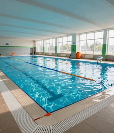 A wide-angle, bright photograph of a clean indoor swimming pool facility in Central Europe. The water is clear blue, and safety equipment in orange and green is visible on the poolside. The atmosphere is professional, organized, and sunlit.