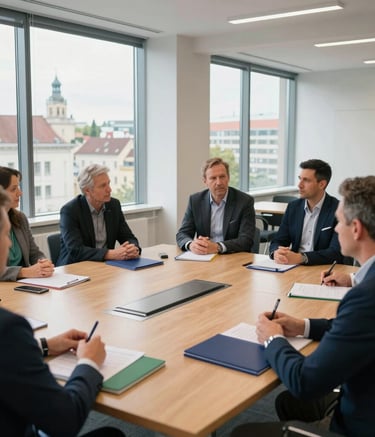 A group of professional sports administrators and coaches participating in a safeguarding workshop in a bright, modern European conference room. They are seated around a wooden table with deep navy blue folders and green notebooks, with large windows overlooking a city in Central Europe.