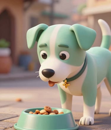 A high-quality 3D render of a street dog receiving food from a bowl. The setting is a stylized Varanasi street with cobblestones and warm, soft lighting. The dog has expressive, hopeful eyes. Colors include sage green #9BB4A6 and off-white #F8F9F3. Modern, clean 3D aesthetic with soft textures.
