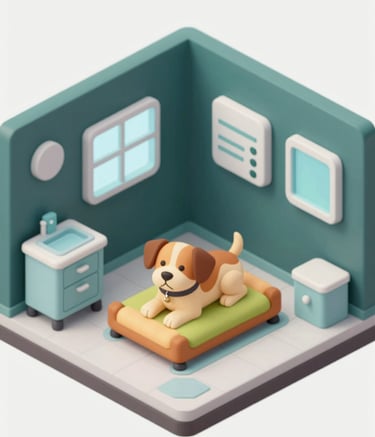 A detailed 3D isometric render of a modern animal shelter room. A friendly dog is resting on a colorful cushion. The room features medical equipment with a non-threatening, soft design. Palette uses deep teal #1A2A2A and forest green #4F6C5B. Bright, professional lighting.