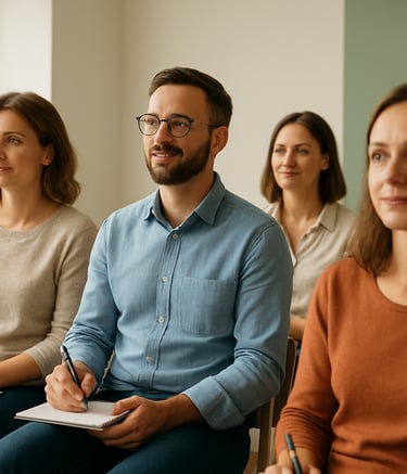A group of Central European / Polish people sitting in a warm and bright training room, participating in a workshop, looking engaged and calm, soft natural light, walls in off-white and sage green tones, professional yet inviting atmosphere.