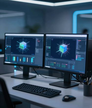 A high-tech IT office interior in Tamil Nadu featuring dual-monitor workstations displaying complex 3D Autodesk designs. The lighting is cinematic and cool, dominated by deep navy blue and soft cyan highlights, matching the brand palette of #0A1429 and #507DA4. Professional, modern, and innovative atmosphere.