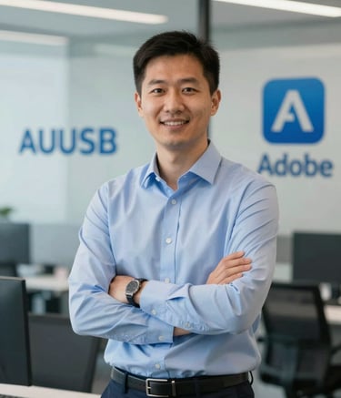 A professional portrait of an IT consultant in a modern office, surrounded by subtle branding of Autodesk and Adobe software logos on glass partitions. The color scheme uses #1F3F6B and #E0E8F2. Sophisticated lighting highlights the technical expertise and authoritative mood of the company.