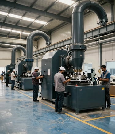 A wide-angle professional photograph of a spacious, modern duct factory in Riyadh. Workers in professional gear operate heavy machinery. The color palette is dominated by Dark Charcoal equipment and Dusty Steel Blue flooring under bright, even light.