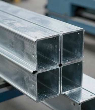A close-up photograph of high-precision galvanized steel ductwork segments. The metal surfaces are clean and reflective, catching Soft Mist White studio lighting. The background features Muted Slate Blue industrial machinery in a soft blur.