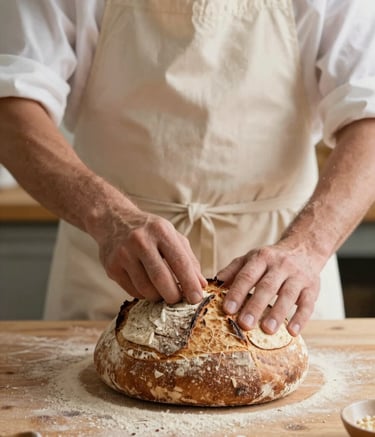 A close-up photograph of an artisan baker in France, wearing a traditional apron, carefully scoring the top of a loaf of sourdough bread on a wooden workbench. The lighting is warm and natural, with soft shadows and a light cream and tan color palette.