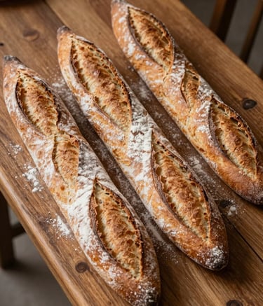A high-angle photograph of a rustic wooden table in a French bakery, covered in freshly baked baguettes with a golden crust and a light dusting of flour. The atmosphere is warm, elegant, and inviting, with tones of medium brown and light cream.