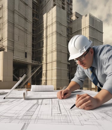 A modern office workspace with architectural blueprints and engineering tools on the desk.