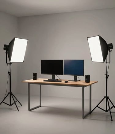 A wide-angle photography shot of a sleek, professional home studio in a North American setting. High-end equipment, including dual monitors and studio lighting, is arranged in a minimalist and inspiring layout with Soft Gray tones.