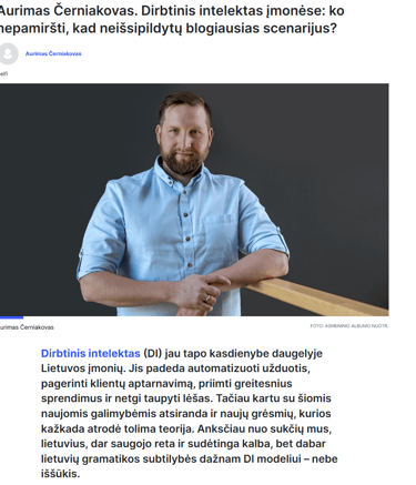Dirbtinis intelektas (DI) jau tapo kasdienybe daugelyje Lietuvos įmonių. Jis padeda automatizuoti už