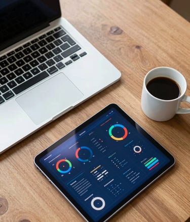 A top-down view of a clean, organized wooden desk featuring a modern laptop, a sleek tablet showing colorful marketing analytics charts, and a cup of black coffee in a white ceramic mug. The lighting is bright and natural, reflecting a professional workspace in royal blue and ice white tones.