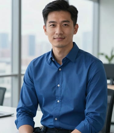 A professional portrait of a digital marketing specialist, a man in his 30s with a confident expression, wearing a crisp royal blue shirt. He is sitting in a bright, modern office with large windows showing a soft-focus city skyline. Clean and professional aesthetic.