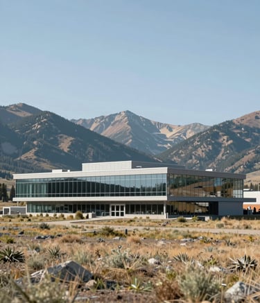 A wide-angle, clean-cut view of a modern research facility nestled in a pristine Wyoming mountain landscape. The architecture is glass and steel, reflecting the blue sky and natural surroundings. Incorporates the brand mood of merging nature and tech, with #1C2A2D and #F0F5F2 tones.