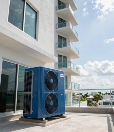 A wide shot of a modern residential building in Miami under a clear sky, featuring a newly installed medium blue HVAC unit on the terrace, professional photography, natural bright daylight.