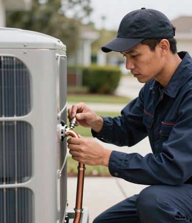 A professional HVAC technician wearing a dark navy blue uniform carefully examining the copper pipes of a silver outdoor condenser unit, Miami suburban setting, sharp focus, clean and professional aesthetic.