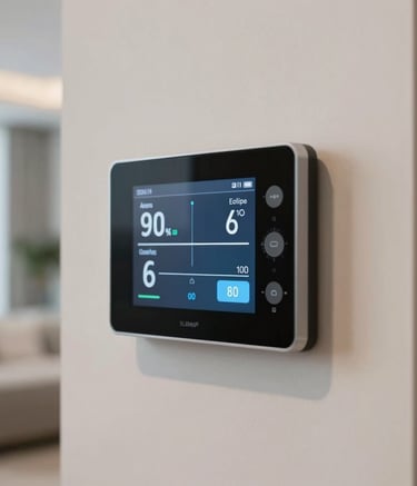 Close-up of a sleek, high-tech digital thermostat interface displaying cooling settings, mounted on a clean off-white wall in a modern Miami interior, soft indoor lighting, professional architectural photography.