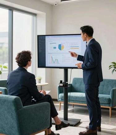 Two professionals in a bright, modern North American / US co-working space, discussing a project on a screen. The setting is innovative and sleek, featuring Dark Navy and Soft Teal furniture. High-end professional atmosphere with natural lighting.