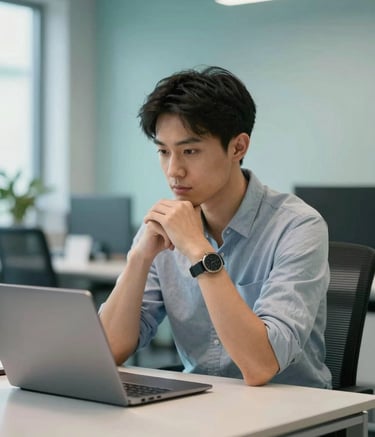 A professional in a modern North American / US office environment, sitting at a clean desk with a laptop, looking thoughtful and focused. Soft Teal and Ice Blue accents in the background decor. Modern and approachable photography style.