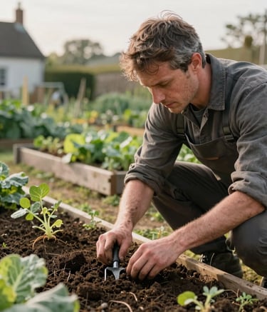A professional gardener in work attire examining soil health in a vegetable patch, traditional cottage garden background, Europeu / Britânico, soft morning light, focus on hands and gardening tools.