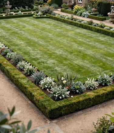A wide shot of a neatly manicured lawn with structured flower beds and stone paths, classic British garden design with olive green and light green foliage, Europeu / Britânico.
