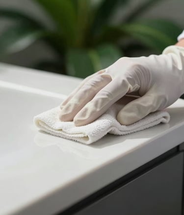 A close-up photograph of a professional's hand wearing a soft off-white glove, carefully wiping a clean, modern surface. The lighting is bright and airy, with deep forest green accents in the blurred background. The composition is focused and sharp, conveying meticulous care.
