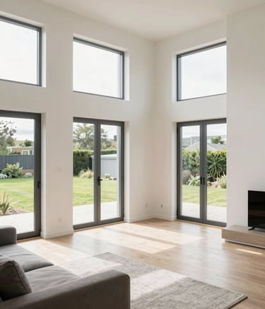A bright and airy interior of a modern modular home living room in Ireland, featuring off-white walls, large windows, and clean lines, with a professional and clean aesthetic.