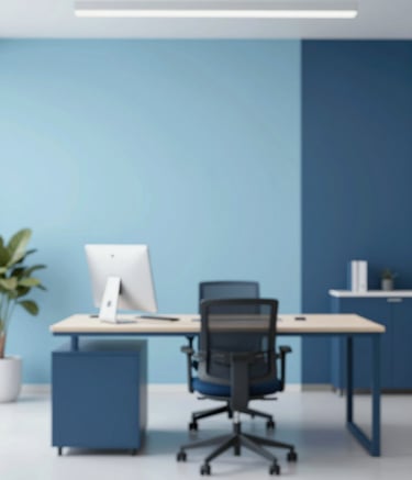 A professional and clean office setting with minimalist furniture. The lighting is bright and natural. The color palette includes soft blues like #A0C2D9 and deep blues like #1E3A4D in the decor, emphasizing a direct and organized workspace.
