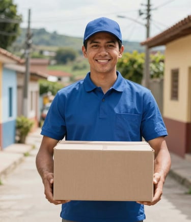Professional delivery courier in a clean uniform standing in a vibrant South American neighborhood, holding a cardboard box, bright natural lighting, professional and approachable aesthetic.