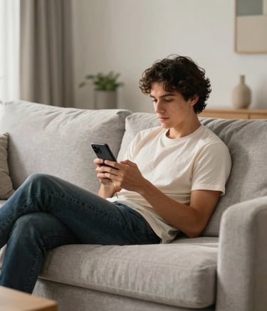 A modern South American living room, warm morning lighting, a person sitting on a light gray sofa looking relaxed while checking a smartphone, suggesting comfort and convenience.