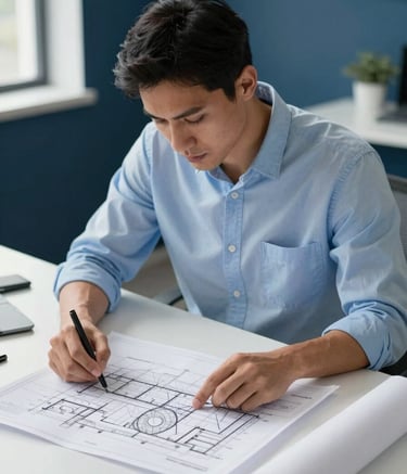A South American professional in a sky blue shirt reviewing technical HVAC blueprints on a clean white desk. Medium shot, navy blue accents in the background, professional atmosphere with soft daylight.