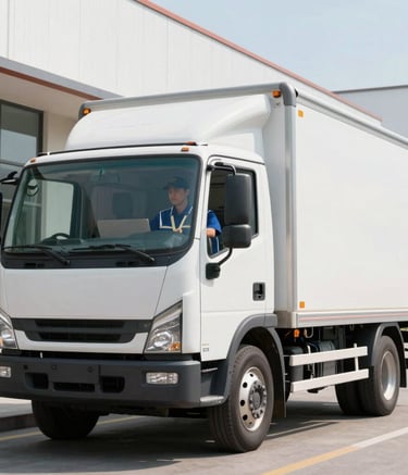 A professional delivery truck parked outside a modern commercial building, with a focused delivery driver in a clean uniform unloading goods. Bright daylight, crisp composition, reflecting efficiency and reliability. International Business.