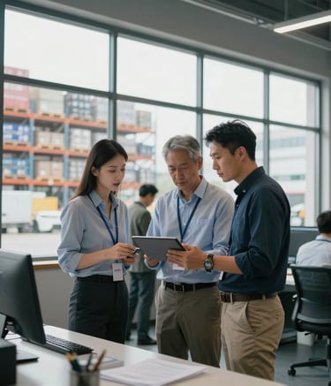 A group of professional logistics managers in business casual attire looking at a digital tablet in a clean, high-tech control room with large windows overlooking a busy warehouse floor. International Business setting.