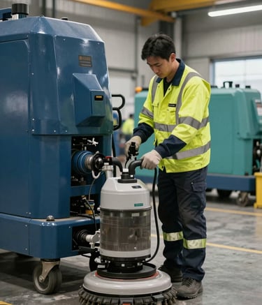 A professional technician in high-visibility safety gear using advanced industrial floor cleaning machinery in a large North American manufacturing plant. The setting is clean and modern, with soft natural light and a palette of dark blue and teal industrial equipment.