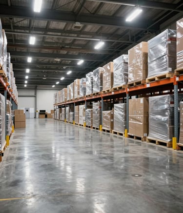 A wide-angle, premium photograph of a vast, brightly lit North American logistics warehouse with polished concrete floors reflecting the overhead LED lights. The space is organized and perfectly clean, showcasing a high-standard industrial environment.