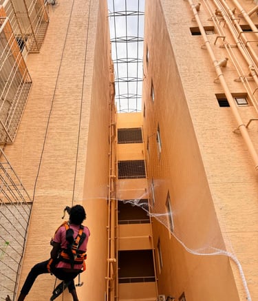 Wide shot of a high-rise apartment window fitted with a custom pigeon net.