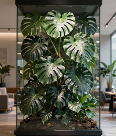 A wide, professional photograph of a sophisticated indoor living space featuring a floor-to-ceiling planted terrarium and healthy monstera plants. The lighting is soft and natural, emphasizing the deep #0A2E2A shadows and bright #EDF3F1 highlights on the leaves. The scene is calm and expertly curated.