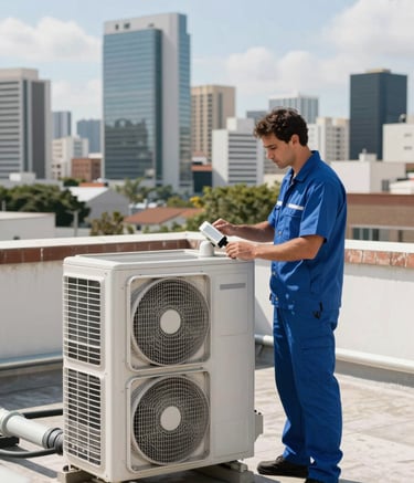 A professional technician in a clean blue uniform inspecting a large central air conditioning duct on a corporate rooftop. Bright daylight, South American / Brazilian city skyline in the background. Modern, sharp focus photography.