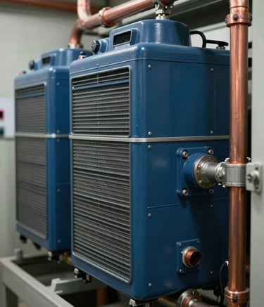 Close-up of high-tech refrigeration components and copper piping inside a commercial mechanical room. The lighting is clean and professional, highlighting the metallic textures and the deep blue tones of the equipment. South American / Brazilian industrial setting.