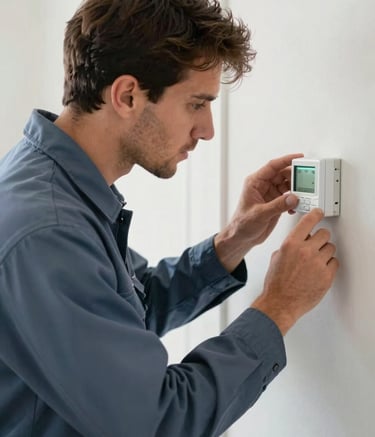 A professional HVAC technician in a North American / US residential setting, wearing a professional muted slate blue uniform, carefully adjusting a modern thermostat. The scene is bright and highlights a sense of trust, efficiency, and expert service.