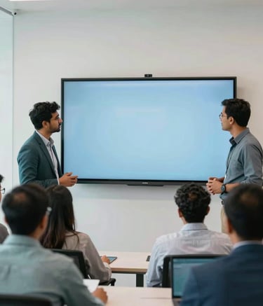 A group of focused South Asian / Indian professionals collaborating around a large screen in a modern, well-lit office. The interior features accents of muted teal and soft sky blue, with a professional and innovative mood and clean arctic white walls.
