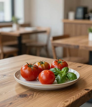 A cozy, minimalist Scandinavian restaurant interior. A rustic wooden table features a simple ceramic plate of heirloom tomatoes in shades of deep red (#9B2226), accompanied by fresh green basil (#4A5F40). The lighting is soft and natural, emphasizing a trustworthy and refined artisanal vibe.