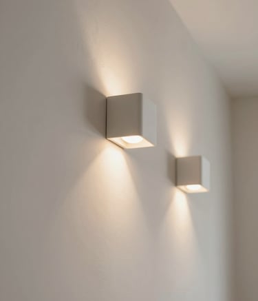 A close-up shot of high-quality interior craftsmanship, showing professional wall plastering and modern light fixtures. The lighting is warm and inviting, highlighting textures and reflecting the brand's commitment to quality. Incorporates the palette of #BBA99C and #F2ECE7.