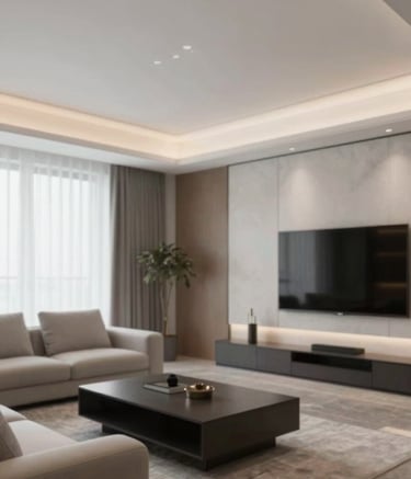 A wide-angle professional photograph of a modern, fully renovated luxury apartment interior. Clean lines, sophisticated comfort, and high-end finishes are evident. The lighting is soft and natural, emphasizing the brand's #F2ECE7 and #26211E color scheme.