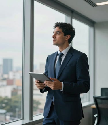 A professional South American business setting in a modern office in São Paulo. A confident professional in business attire stands by floor-to-ceiling windows, holding a digital tablet. Soft, natural morning light fills the room with tones of deep blue and light gray.