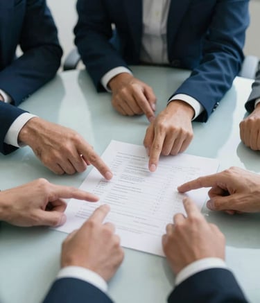 A close-up of a collaborative strategy meeting in a professional Brazilian corporate office. Hands are pointing at a clean white planning document on a light blue table. The lighting is sharp and clear, emphasizing a focused, professional atmosphere with deep blue and light gray accents.