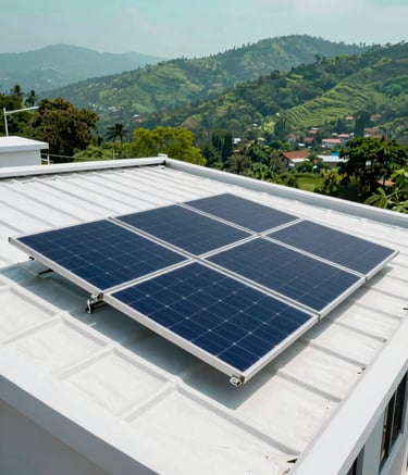 A professional wide-angle photograph of a sleek, modern solar panel installation on a clean white roof in Dehradun. The background shows the lush leaf green hills of Uttarakhand under a soft mint sky. The lighting is bright and crisp, highlighting the efficiency and cutting-edge technology.