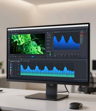 A sleek, modern video editing suite. A high-resolution monitor displays a professional color grading interface with vibrant leaf green and deep blue wave forms. The environment is professional, with clean lines and soft ambient lighting in an off-white room.