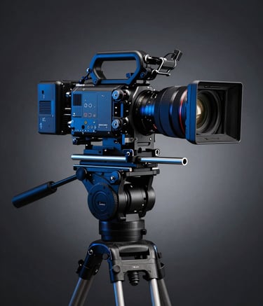 A high-end professional cinema camera mounted on a tripod in a minimalist studio setting. The lighting is dramatic, with deep blue highlights on the metallic surface of the lens. The background is a clean dark charcoal wall with a soft glow.
