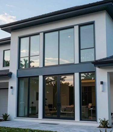An wide-angle exterior shot of a modern North American / Florida home with large, elegant floor-to-ceiling impact windows. The house features a sophisticated blue-gray trim, reflecting a clear soft light blue sky in the polished glass, exuding reliability and high-end design.